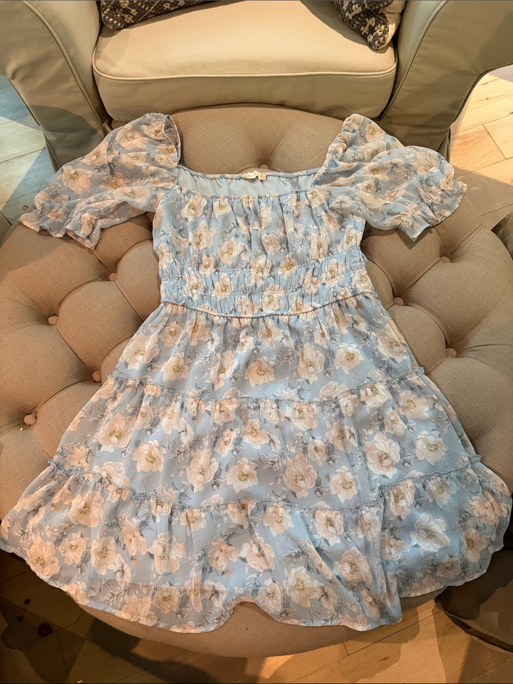 Altar'd State Powder Blue & Cream Floral Puff-Sleeve Dress